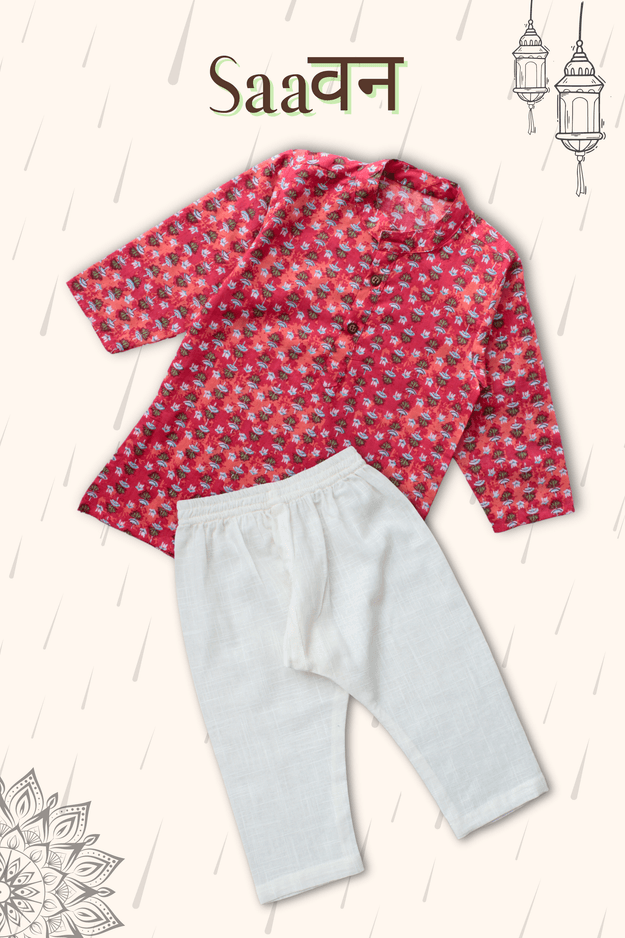 Boys Saavan Pure Cotton Ethnic Clothing set - Red booti