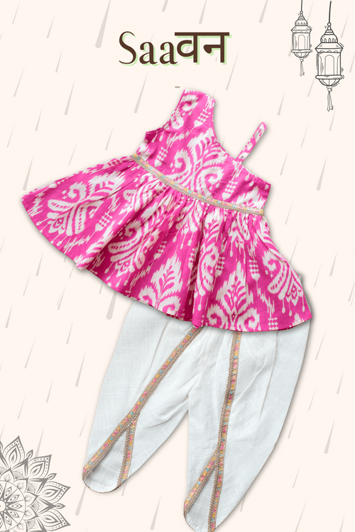 Girls Saavan Pure Cotton Ethnic Clothing set - Pink Ikkat print