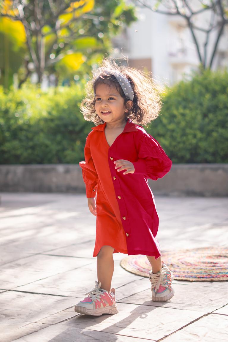 Girls Pure Cotton Color Block Dress with Collar - Red Orange