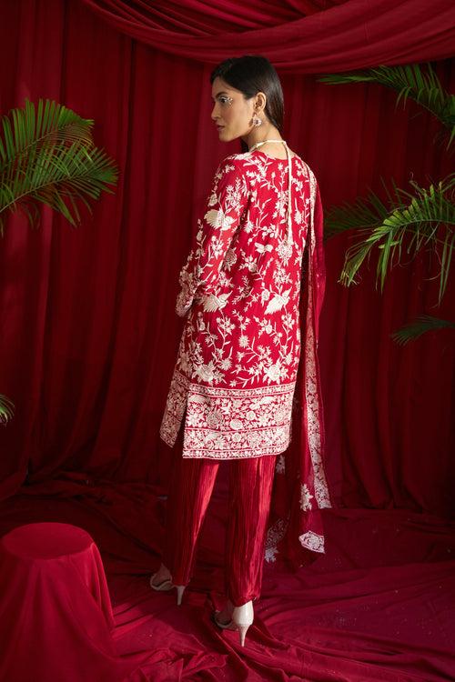 Reyna Gara Glazed Kurta With Pleated Pants and Dupatta- Red