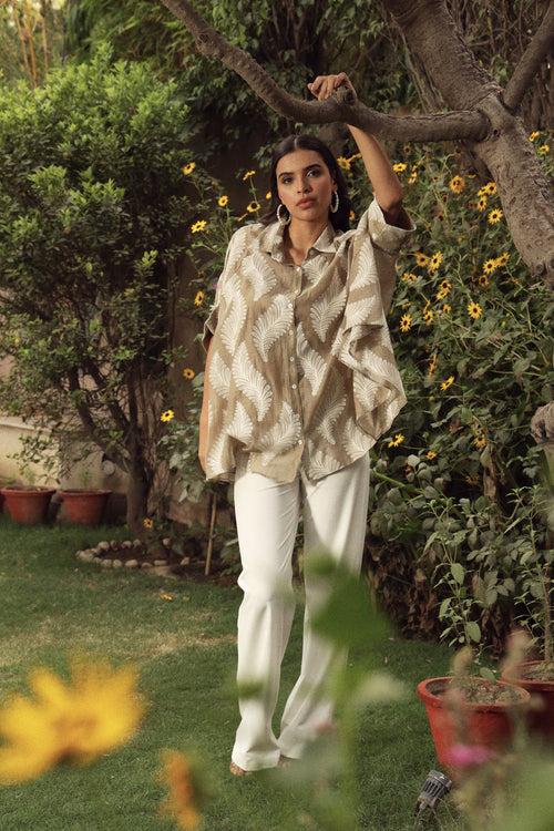 Elahe Embroidered Leaf Shirt - Sage Green