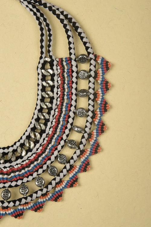 Necklace made of Silver Iron Chains, Beads, Suede and Multicolour Threads