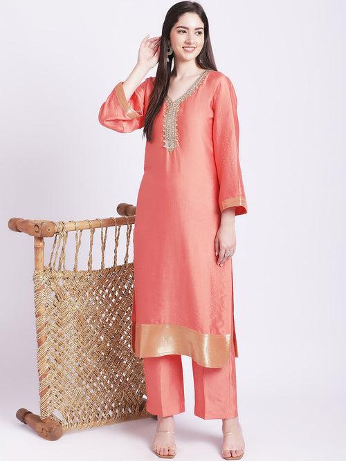 Coral Silk Zari Straight Kurti