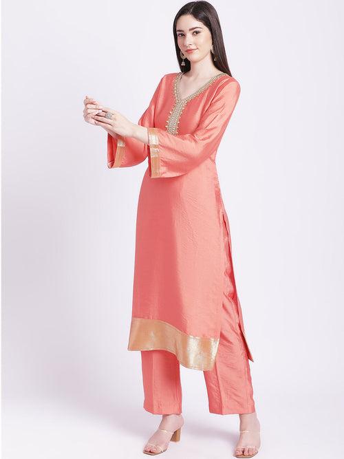 Coral Silk Zari Straight Kurti