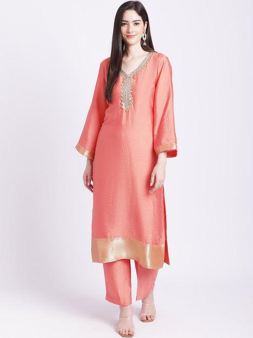 Coral Silk Zari Straight Kurti