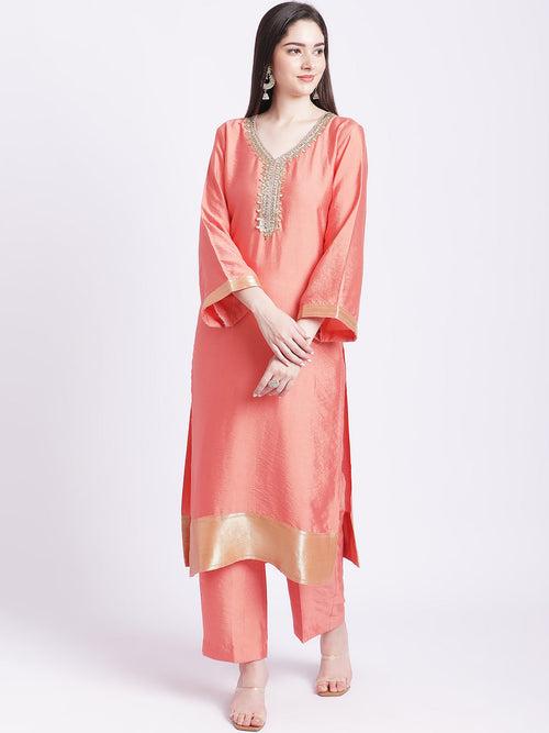 Coral Silk Zari Straight Kurti