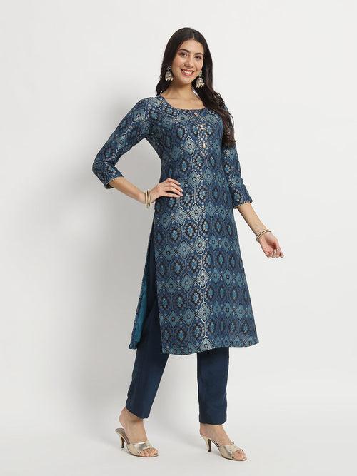 Indigo Dusk Delight Banarasi Silk Kurti With Pants And Organza Dupatta Set