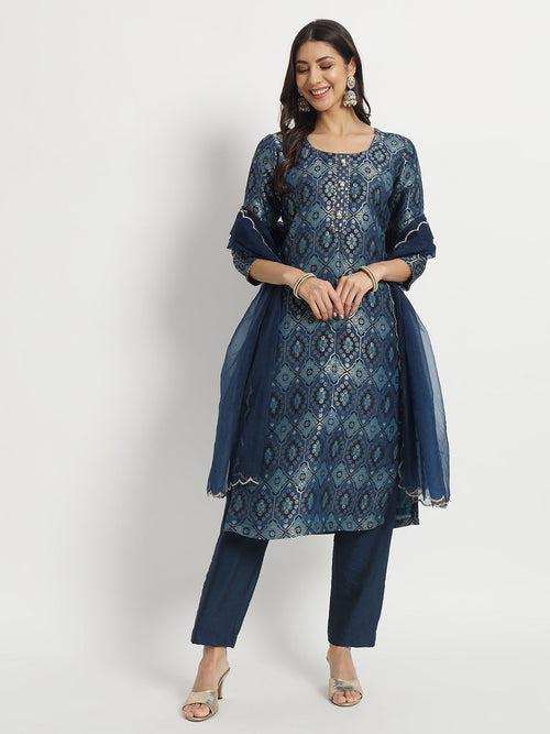 Indigo Dusk Delight Banarasi Silk Kurti With Pants And Organza Dupatta Set