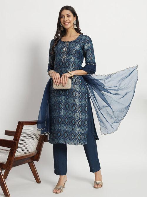 Indigo Dusk Delight Banarasi Silk Kurti With Pants And Organza Dupatta Set