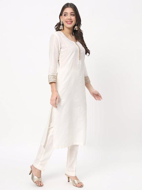 Noor Ivory Straight Kurti with Straight Pants and Embroidered Net Dupatta