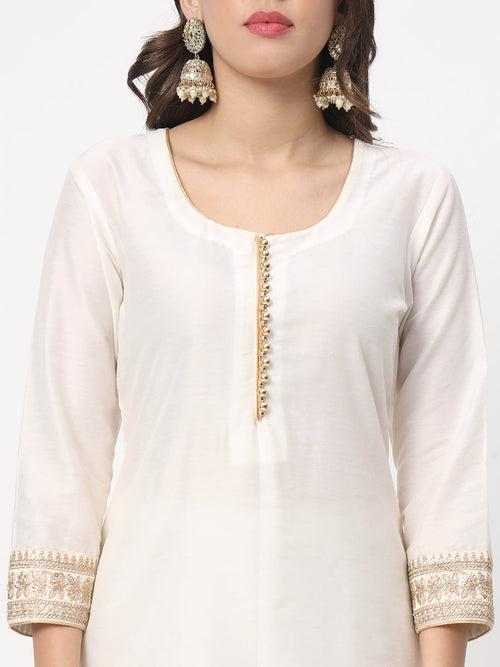 Noor Ivory Straight Kurti with Straight Pants and Embroidered Net Dupatta