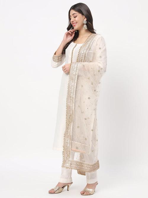 Noor Ivory Straight Kurti with Straight Pants and Embroidered Net Dupatta