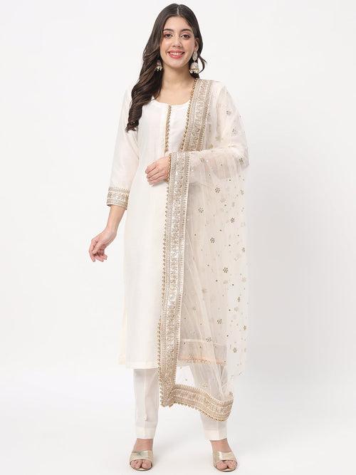 Noor Ivory Straight Kurti with Straight Pants and Embroidered Net Dupatta