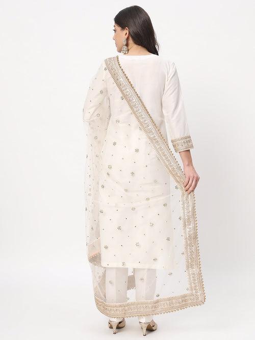 Noor Ivory Straight Kurti with Straight Pants and Embroidered Net Dupatta