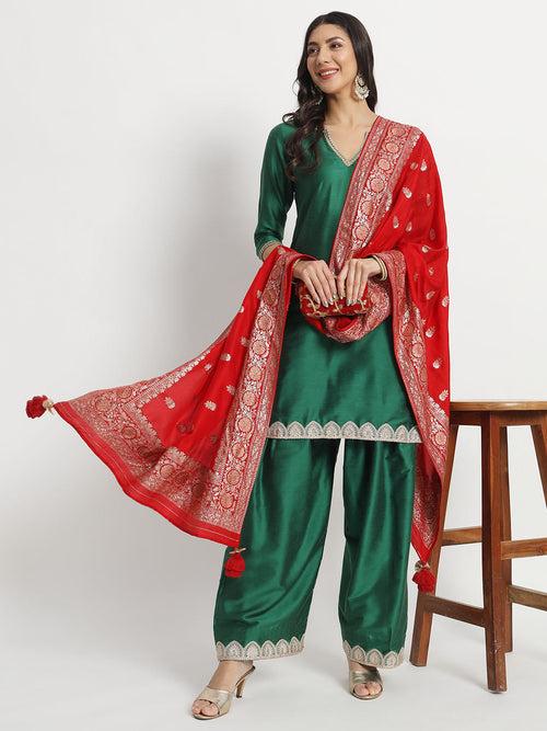 Silken Shade of Green Kurti with Salwar and Red Silk Dupatta