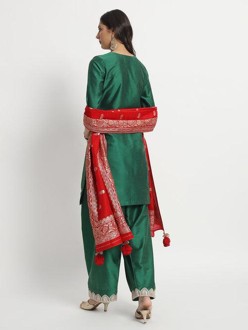 Silken Shade of Green Kurti with Salwar and Red Silk Dupatta