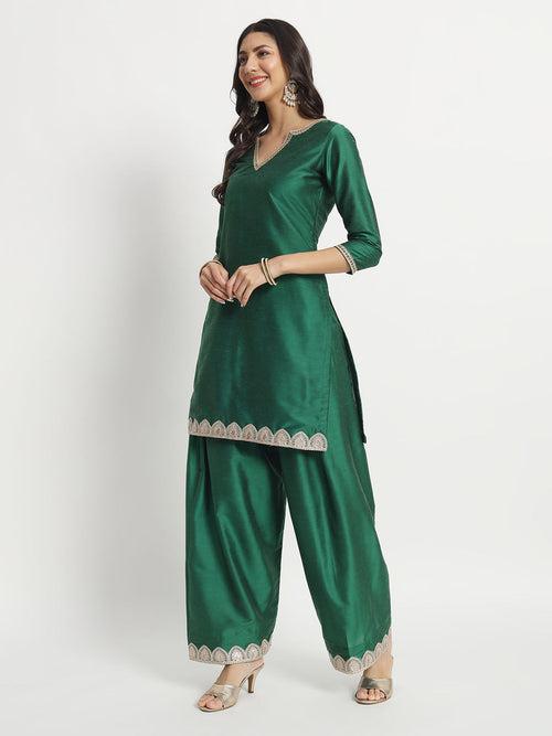 Silken Shade of Green Kurti with Salwar and Red Silk Dupatta