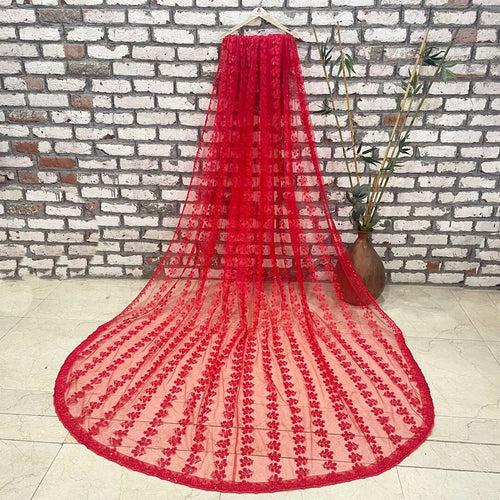 Bridal Red Trail All Over Embroidered Net Dupatta