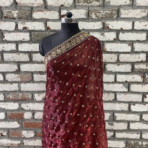 Bridal Royal Kundan Maroon Sequin Embroidered Organza Dupatta