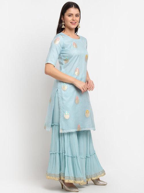 Bliss Blue Banarasi Organza Short Kurti with Sharara