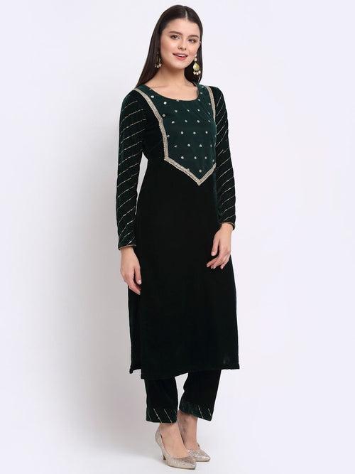 Smiling Green Zari Sequin Velvet Straight Kurti with Pants