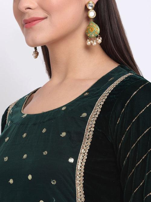 Smiling Green Zari Sequin Velvet Straight Kurti with Pants