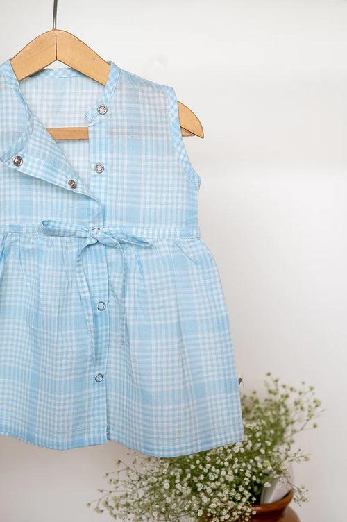 Whale of a time girls jhabla in blue handwoven cotton checks