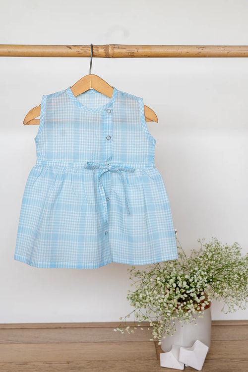 Whale of a time girls jhabla in blue handwoven cotton checks