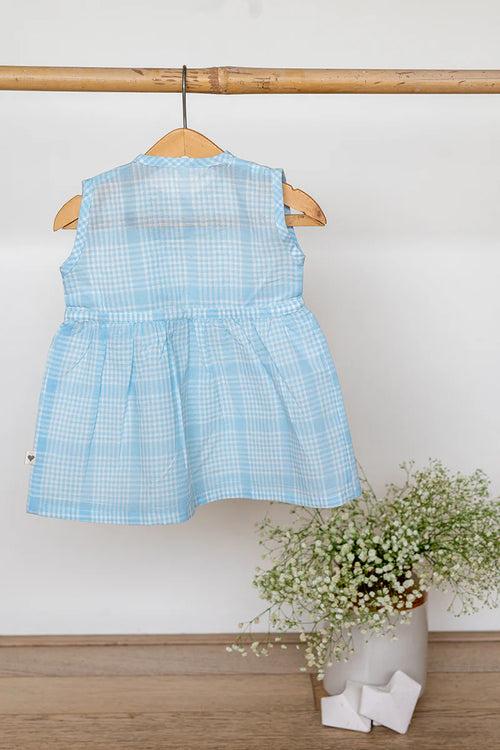 Whale of a time girls jhabla in blue handwoven cotton checks