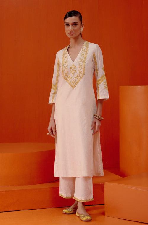 Ivory and Mustard Embroidered Kurta Set (RTS)