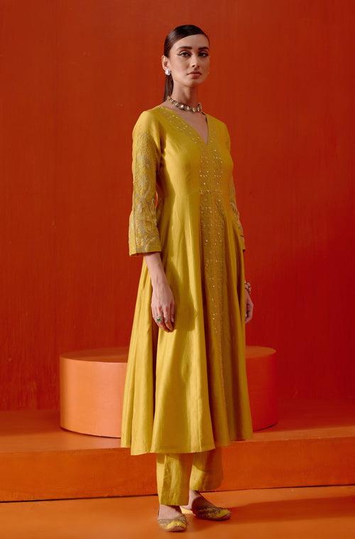 Mustard Embroidered Anarkali Set