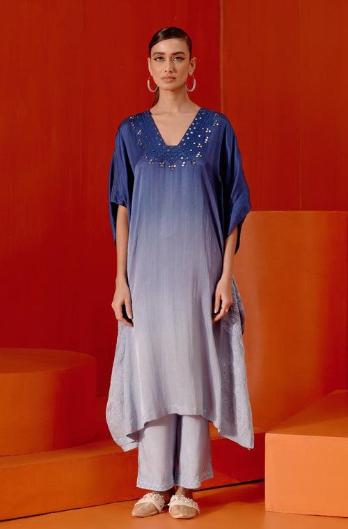 Blue Ombre Mirror Embroidered Kaftan Set