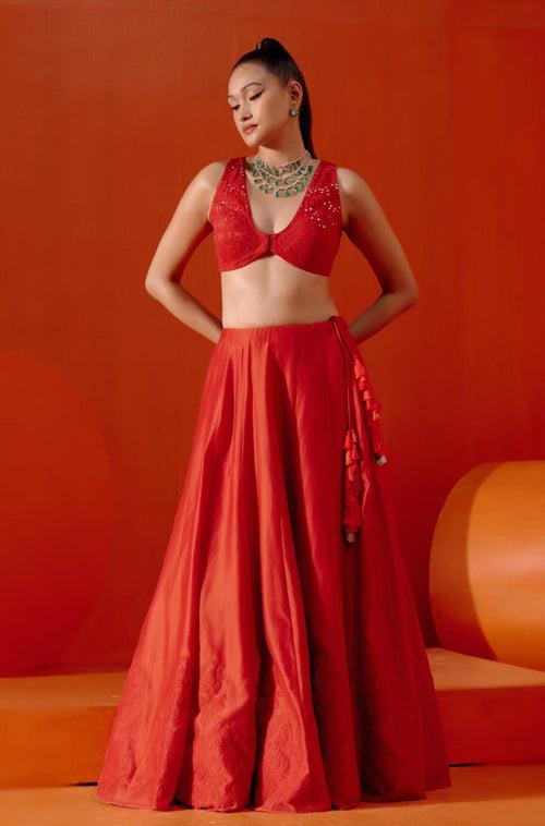 Aamna Sharif in Red Embroidered Silk Chanderi Lehenga Set