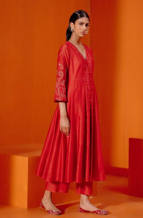 Red Embroidered Anarkali Set