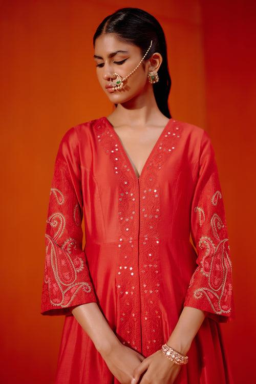 Red Embroidered Anarkali Set