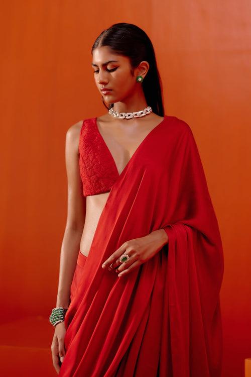 Alisha Pekha in Red Satin Pre Draped Saree