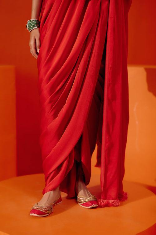 Alisha Pekha in Red Satin Pre Draped Saree