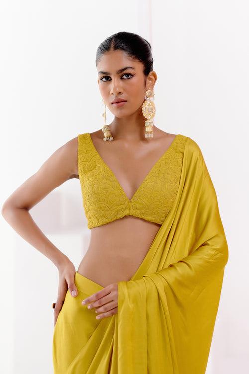 Mustard Satin Pre Draped Saree