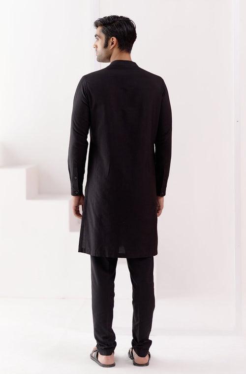 Black Kurta Set with Pin Tucks Bundi