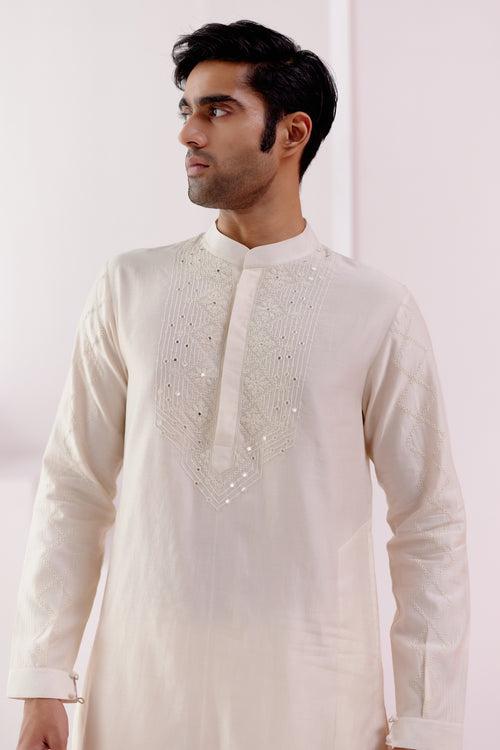 Ivory Embroidered Chanderi Kurta Set