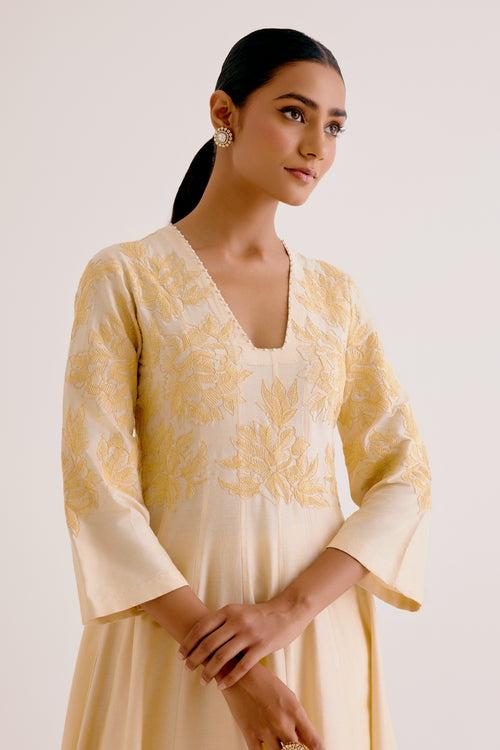 Lemon Yellow Cotton Silk Blend Hand-Painted Anarkali Set
