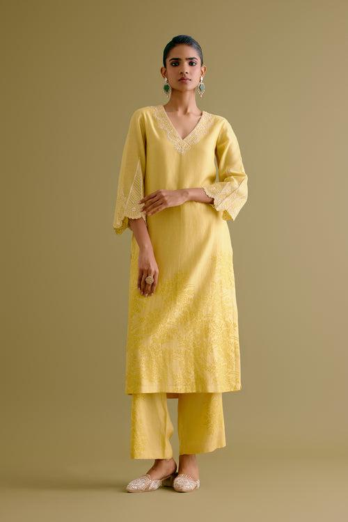 Amaal Salmaan in Yellow Silk Chanderi Dori Embroidered Kurta Set