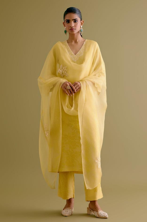 Amaal Salmaan in Yellow Silk Chanderi Dori Embroidered Kurta Set