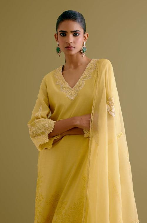 Amaal Salmaan in Yellow Silk Chanderi Dori Embroidered Kurta Set