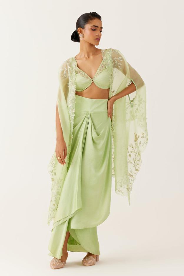 Pistachio Green Sequined Cape and Draped Skirt Set