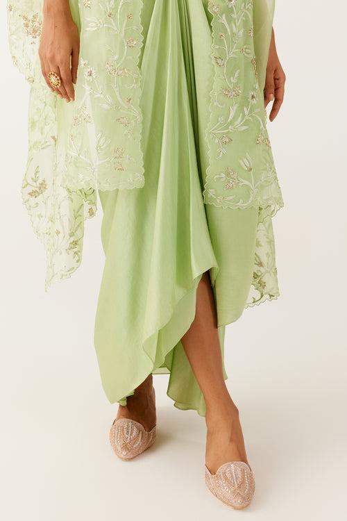 Pistachio Green Sequined Cape and Draped Skirt Set