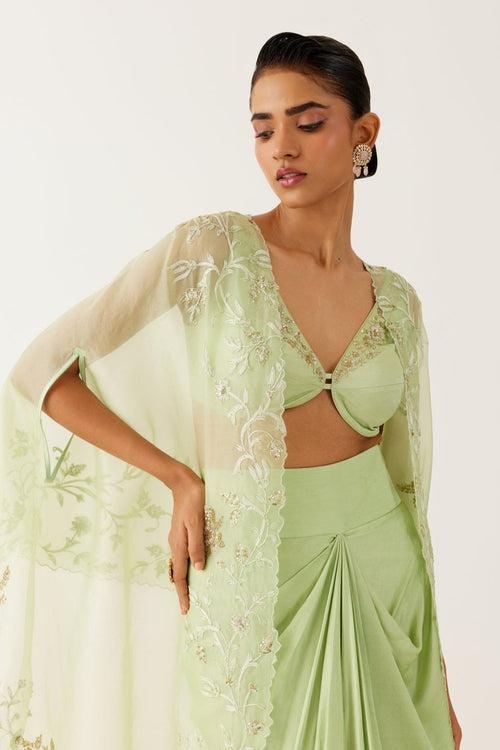 Pistachio Green Sequined Cape and Draped Skirt Set