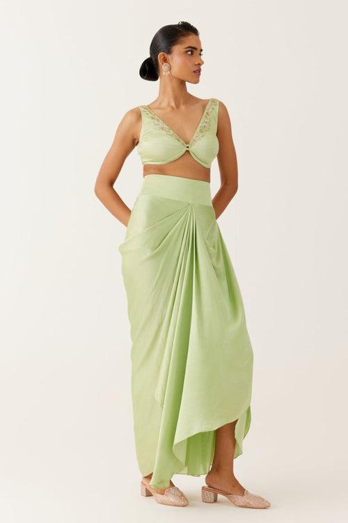 Pistachio Green Sequined Cape and Draped Skirt Set