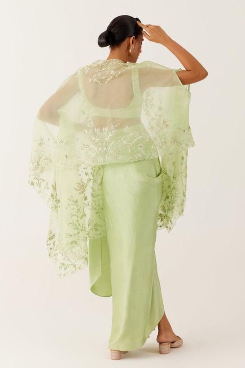 Pistachio Green Sequined Cape and Draped Skirt Set