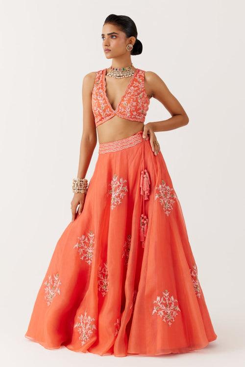 Orange Dori and Sequins Embroidered Lehenga Set